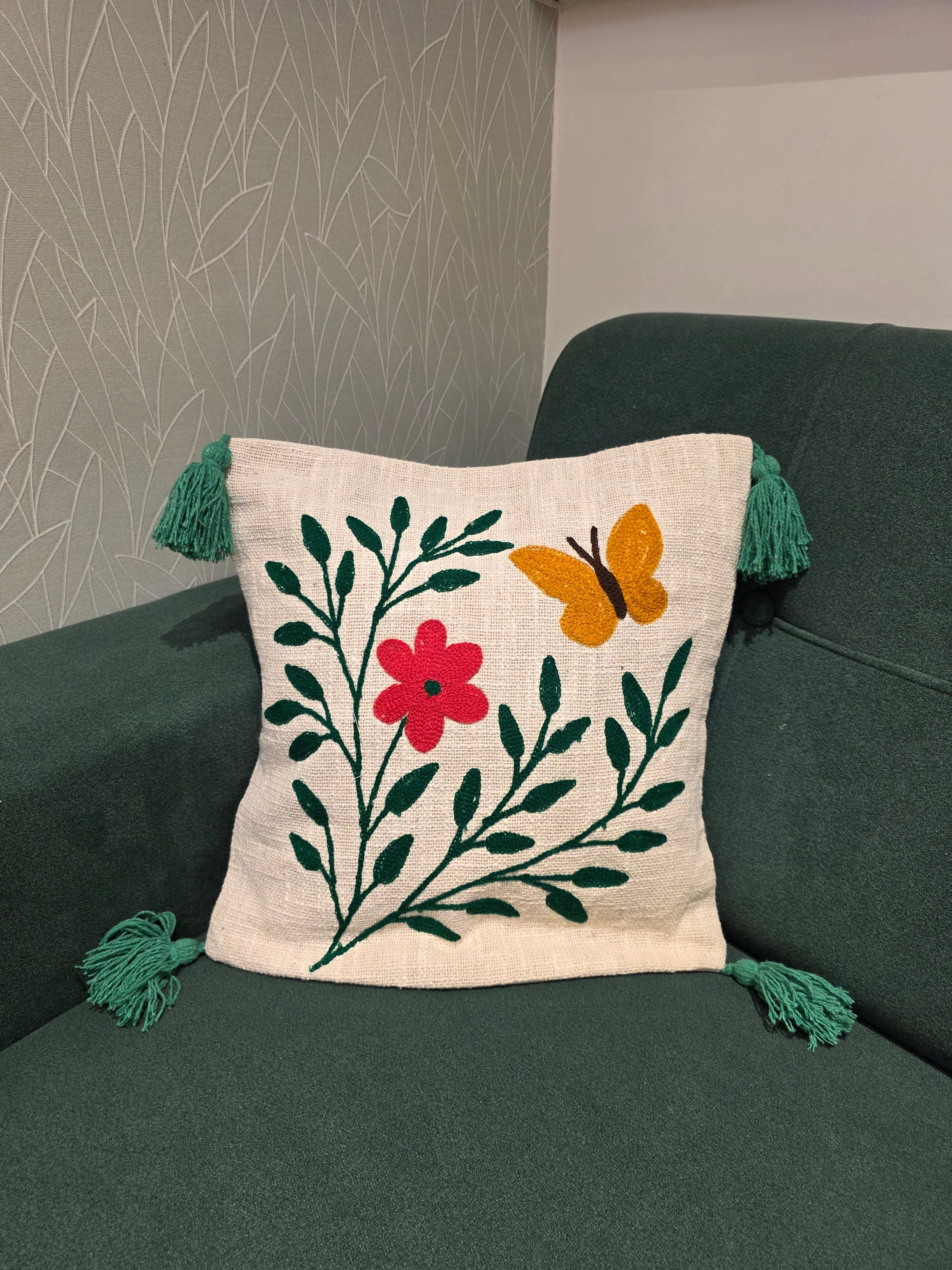 Embroidered Jute Cushion Cover – 16 x 16 inches