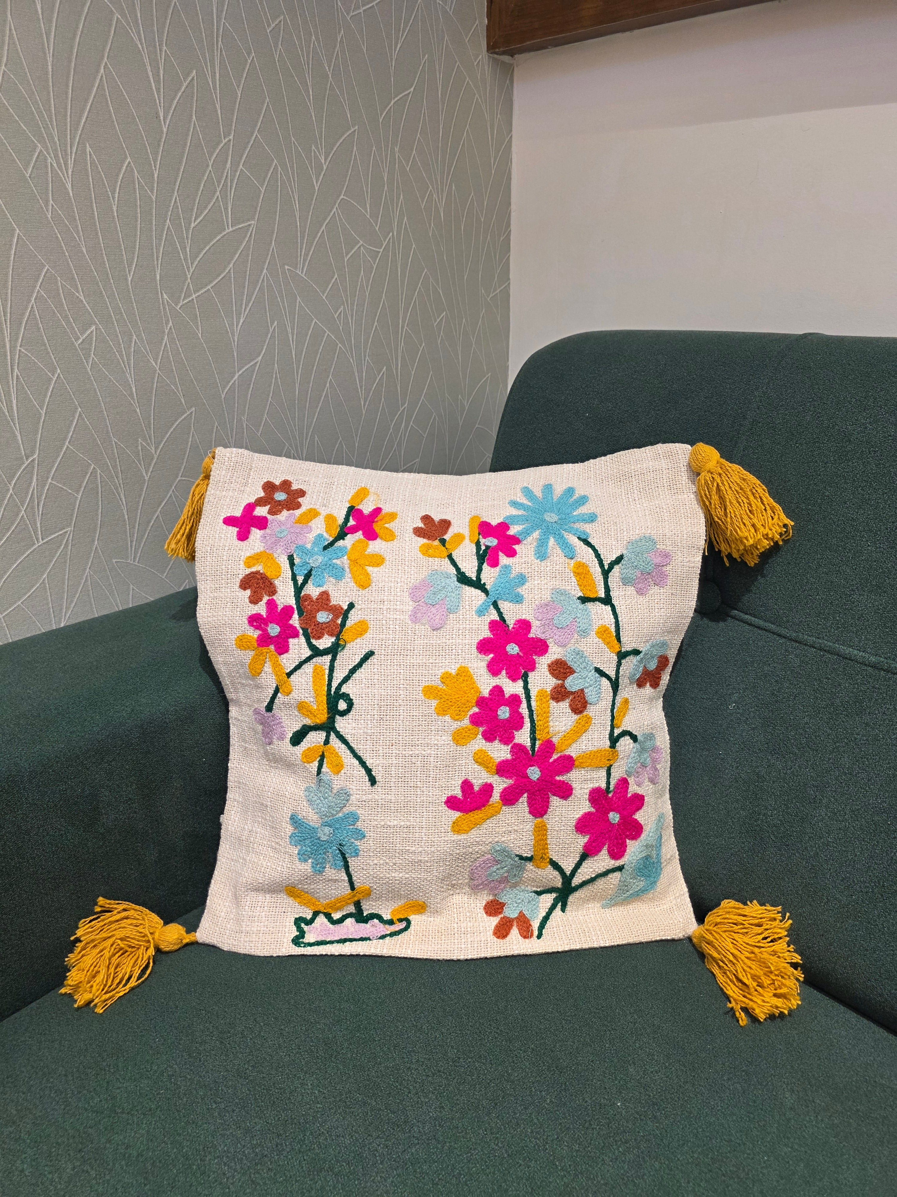 Embroidered Jute Cushion Cover – 16 x 16 inches