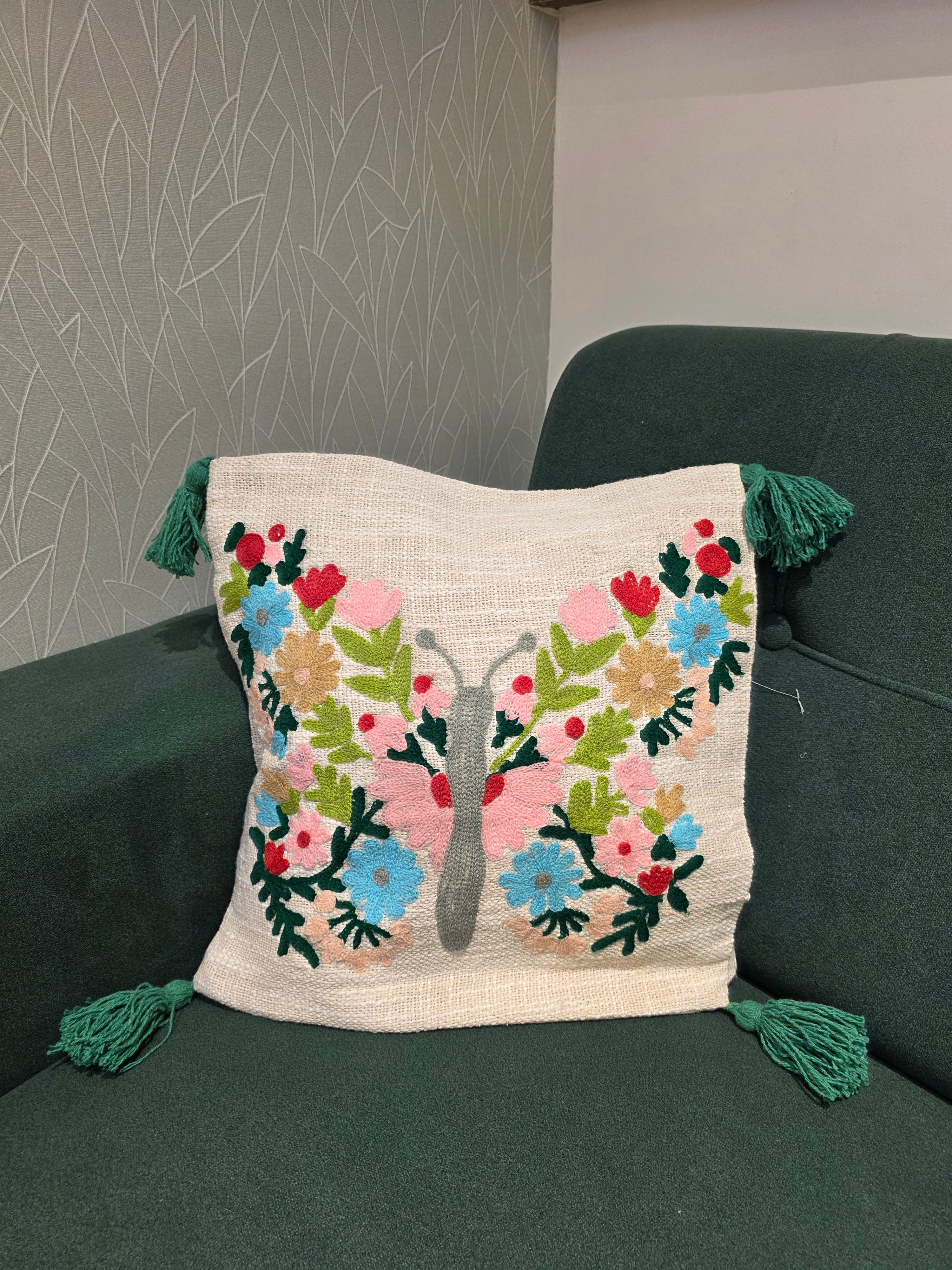 Embroidered Jute Cushion Cover – 16 x 16 inches