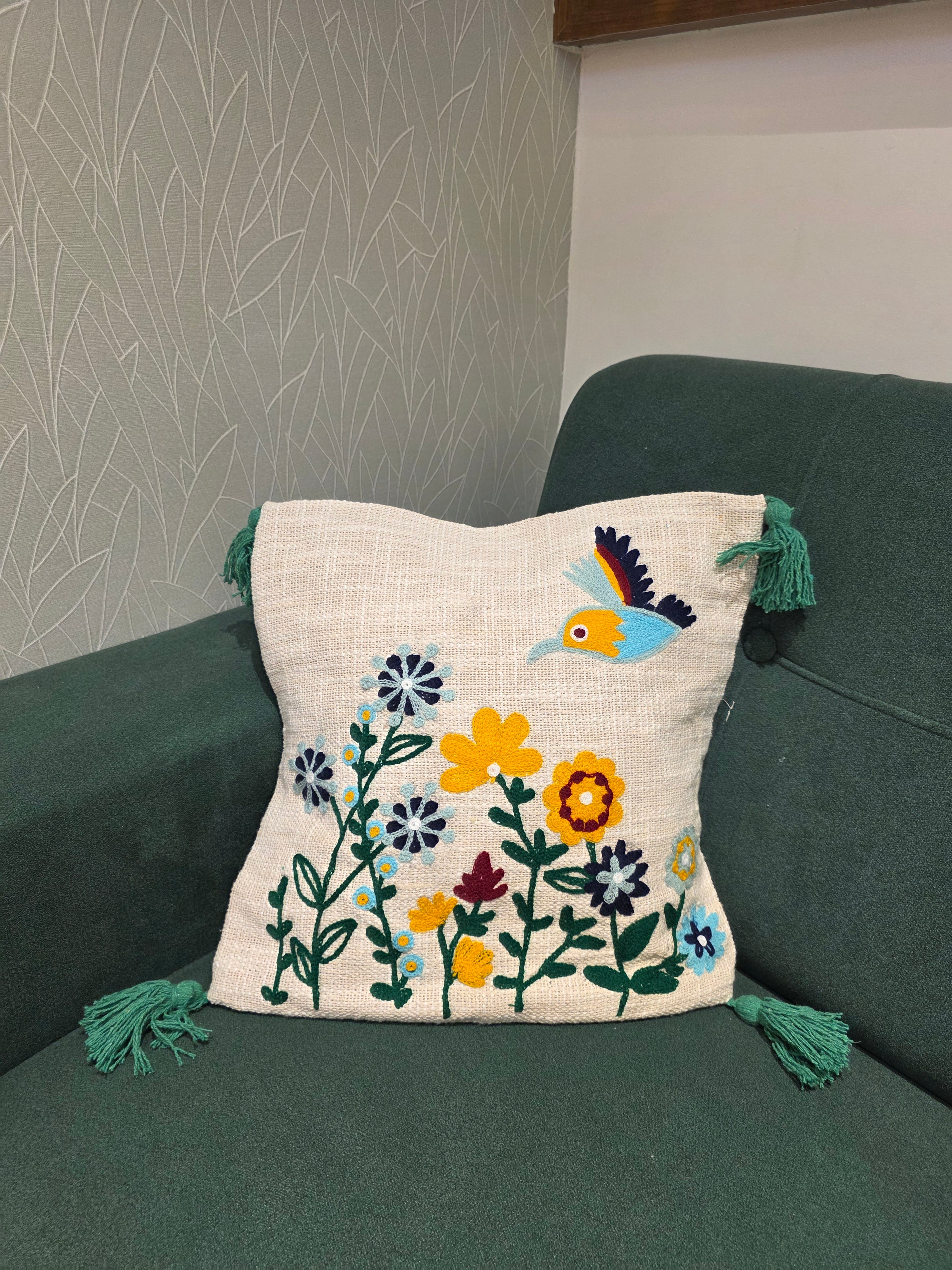 Embroidered Jute Cushion Cover – 16 x 16 inches