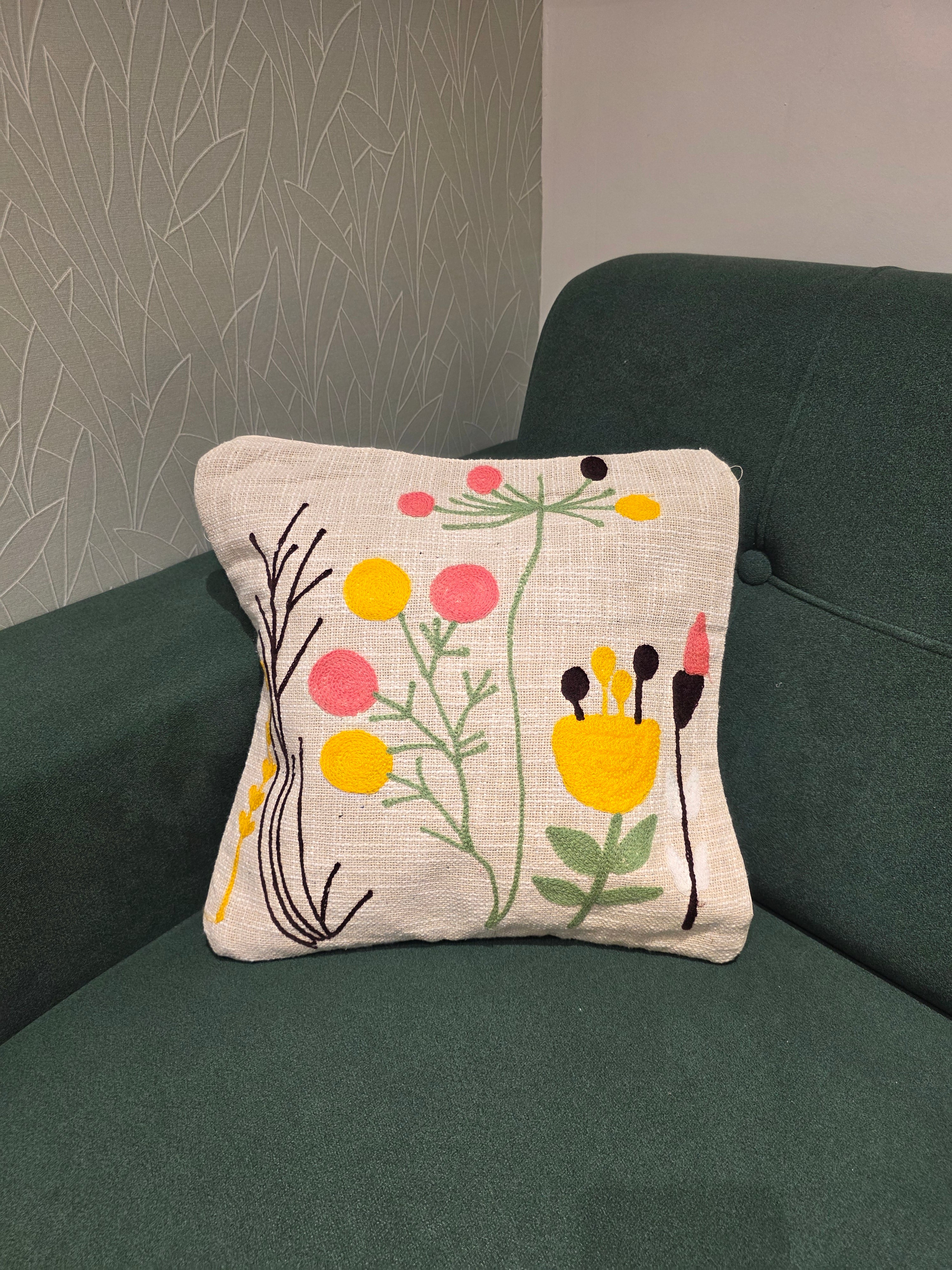 Embroidered Jute Cushion Cover – 16 x 16 inches