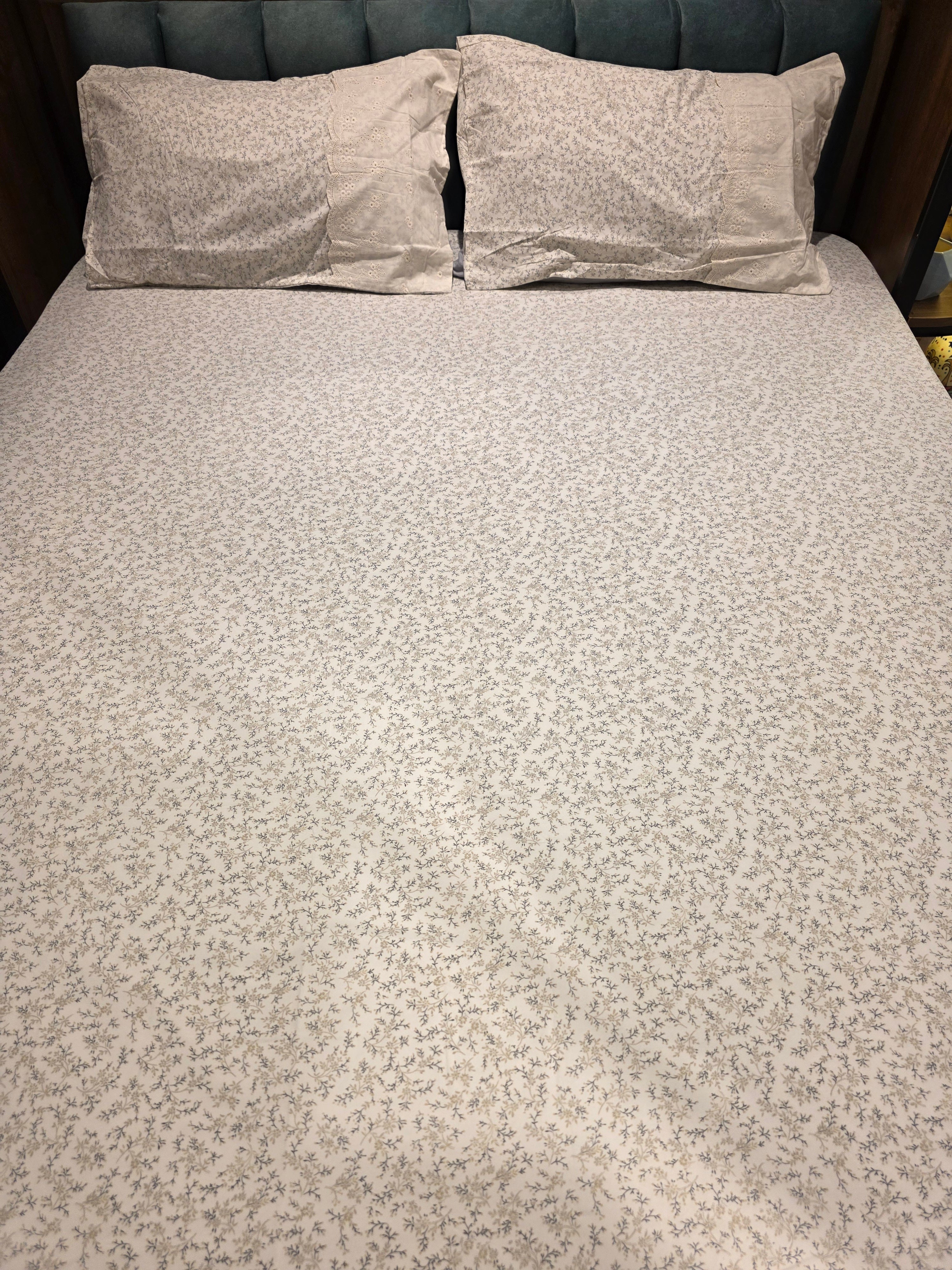 English Print Cotton Bedsheet Set with Hakoba Lace – King Size