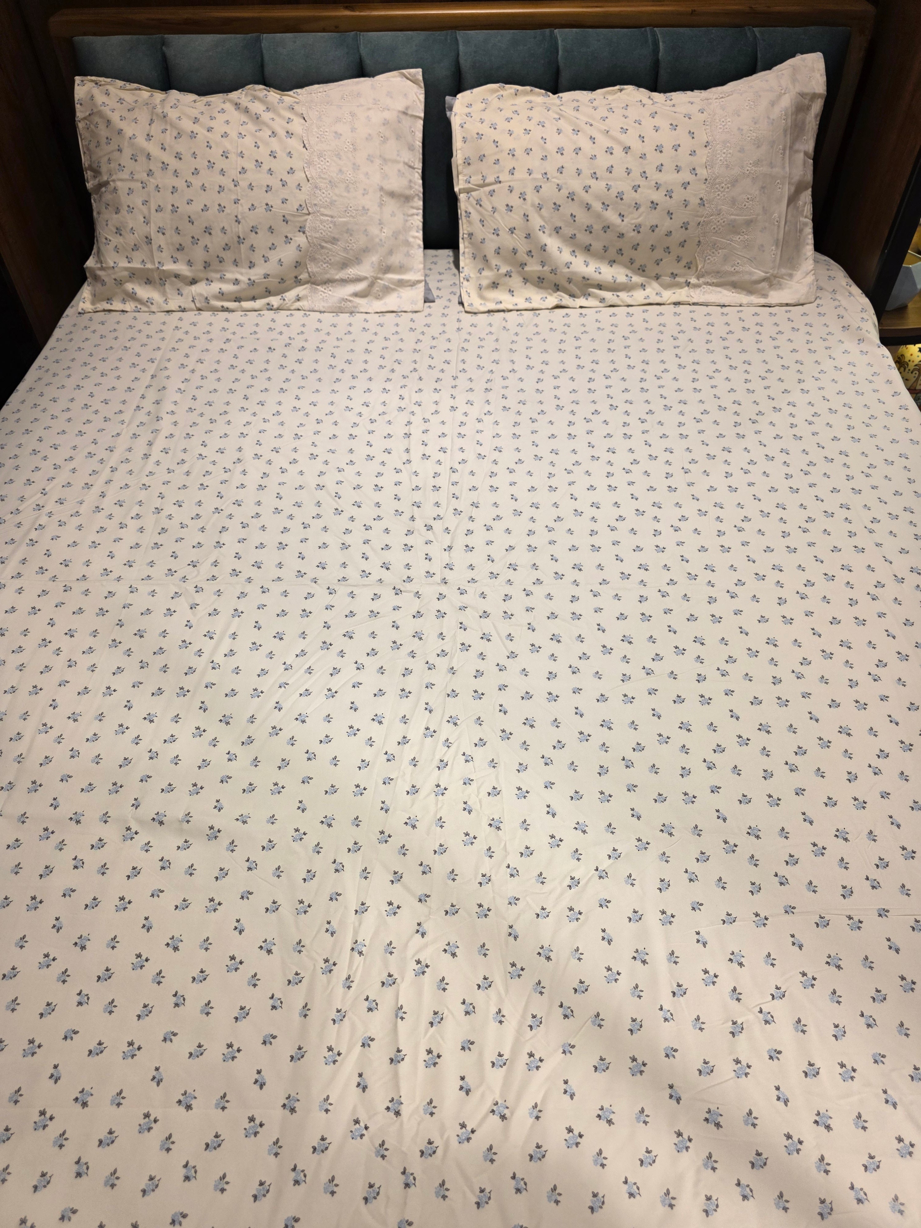 English Print Cotton Bedsheet Set with Hakoba Lace – King Size