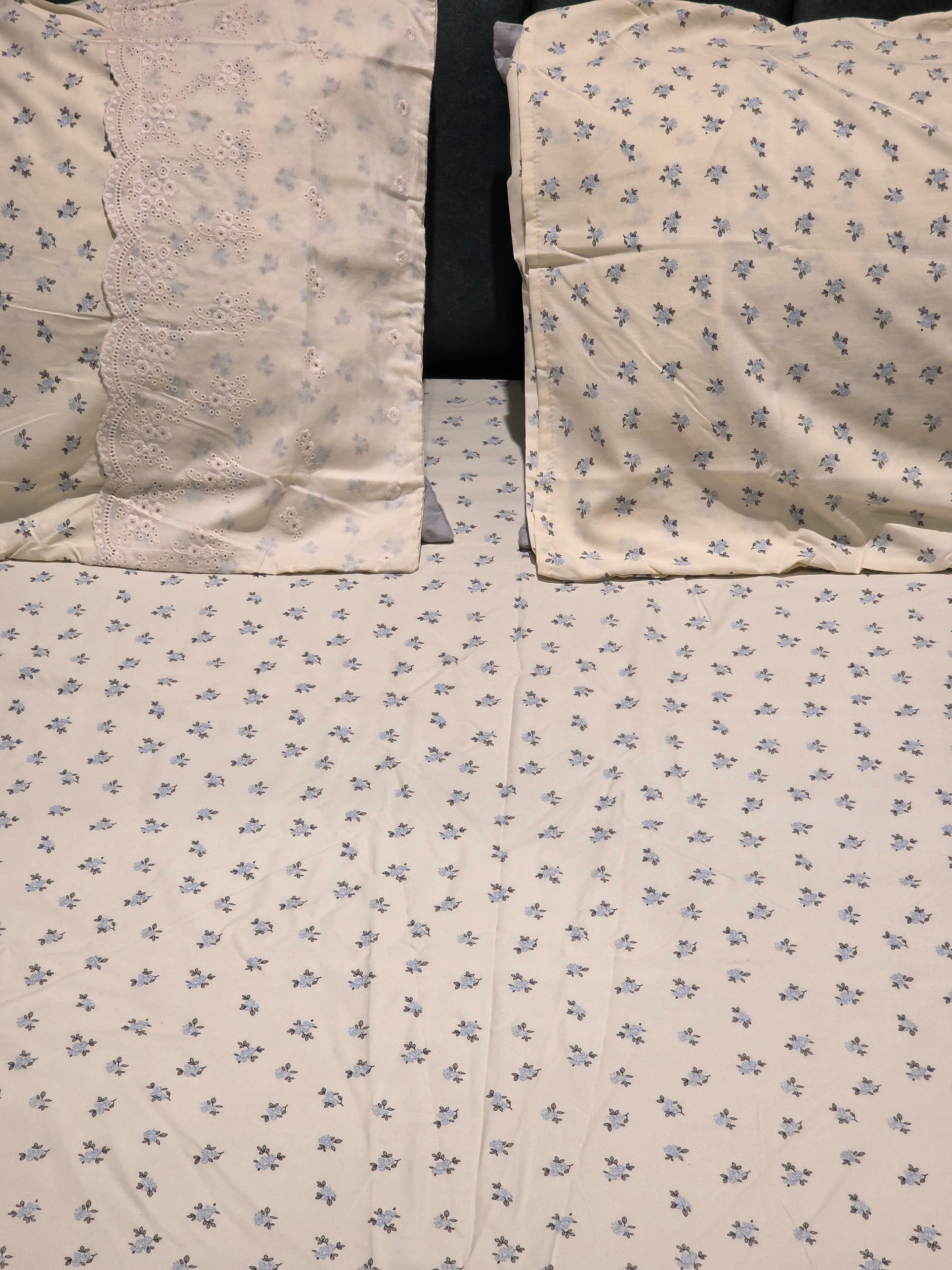 English Print Cotton Bedsheet Set with Hakoba Lace – King Size