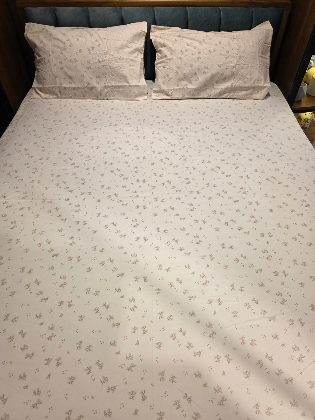 English Print Cotton Bedsheet Set with Hakoba Lace – King Size