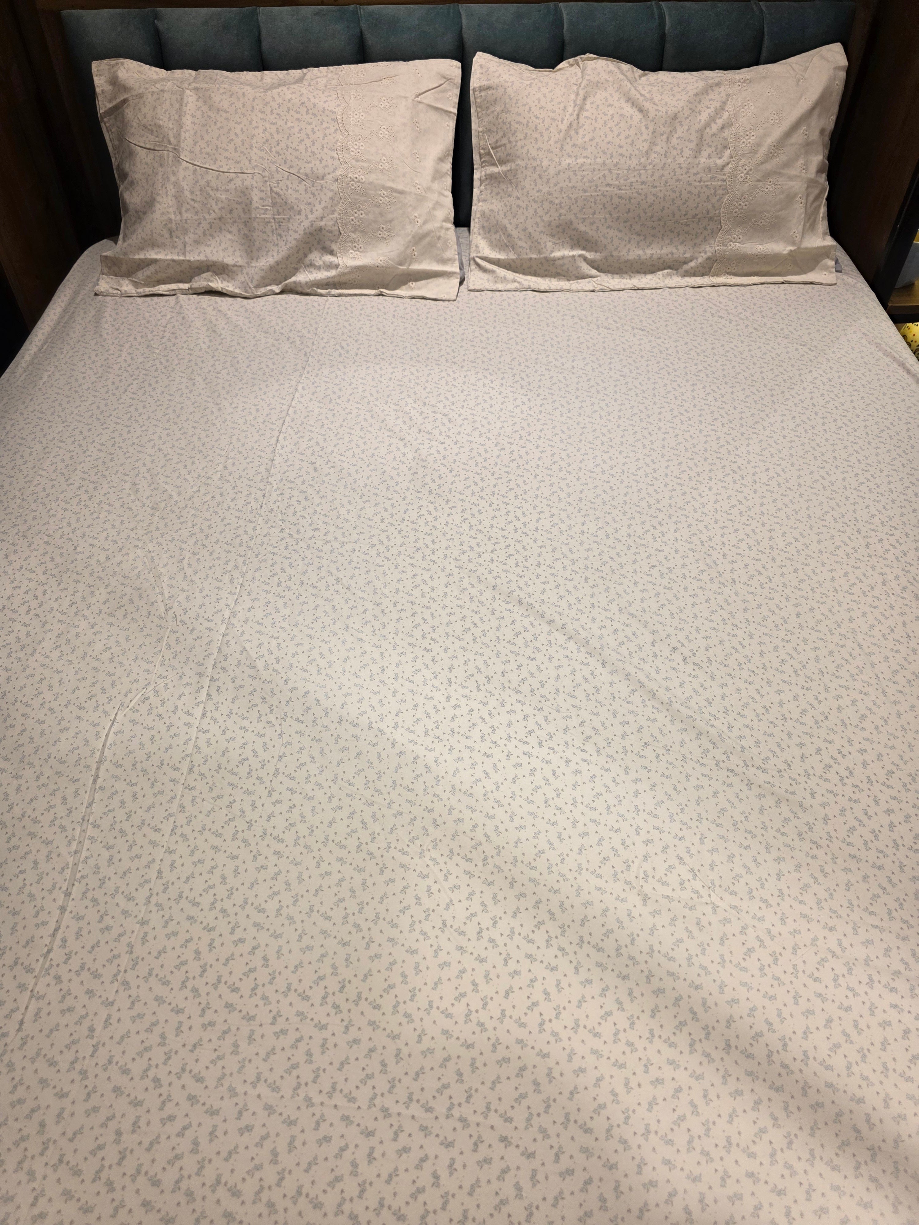 English Print Cotton Bedsheet Set with Hakoba Lace – King Size