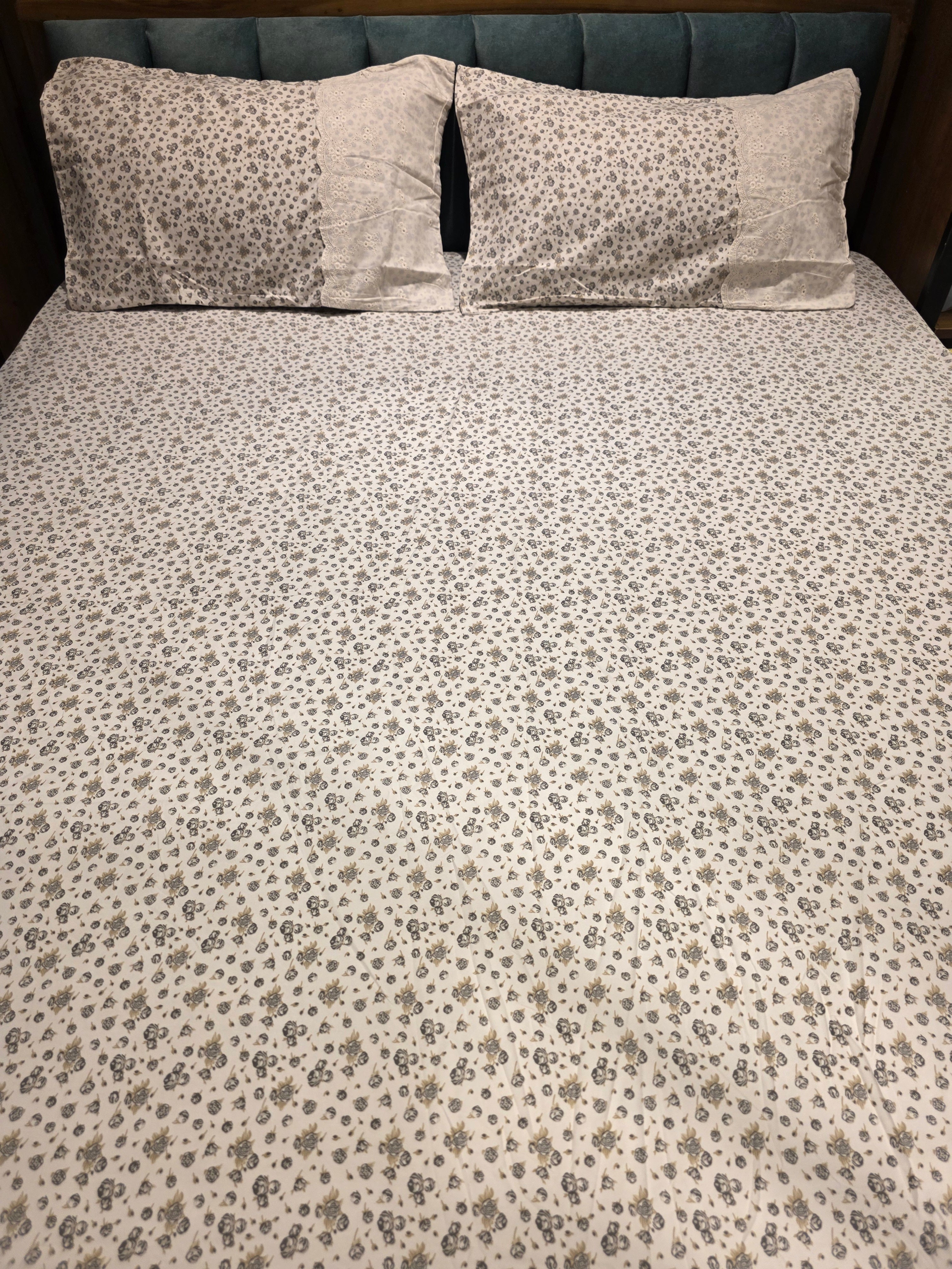 English Print Cotton Bedsheet Set with Hakoba Lace – King Size