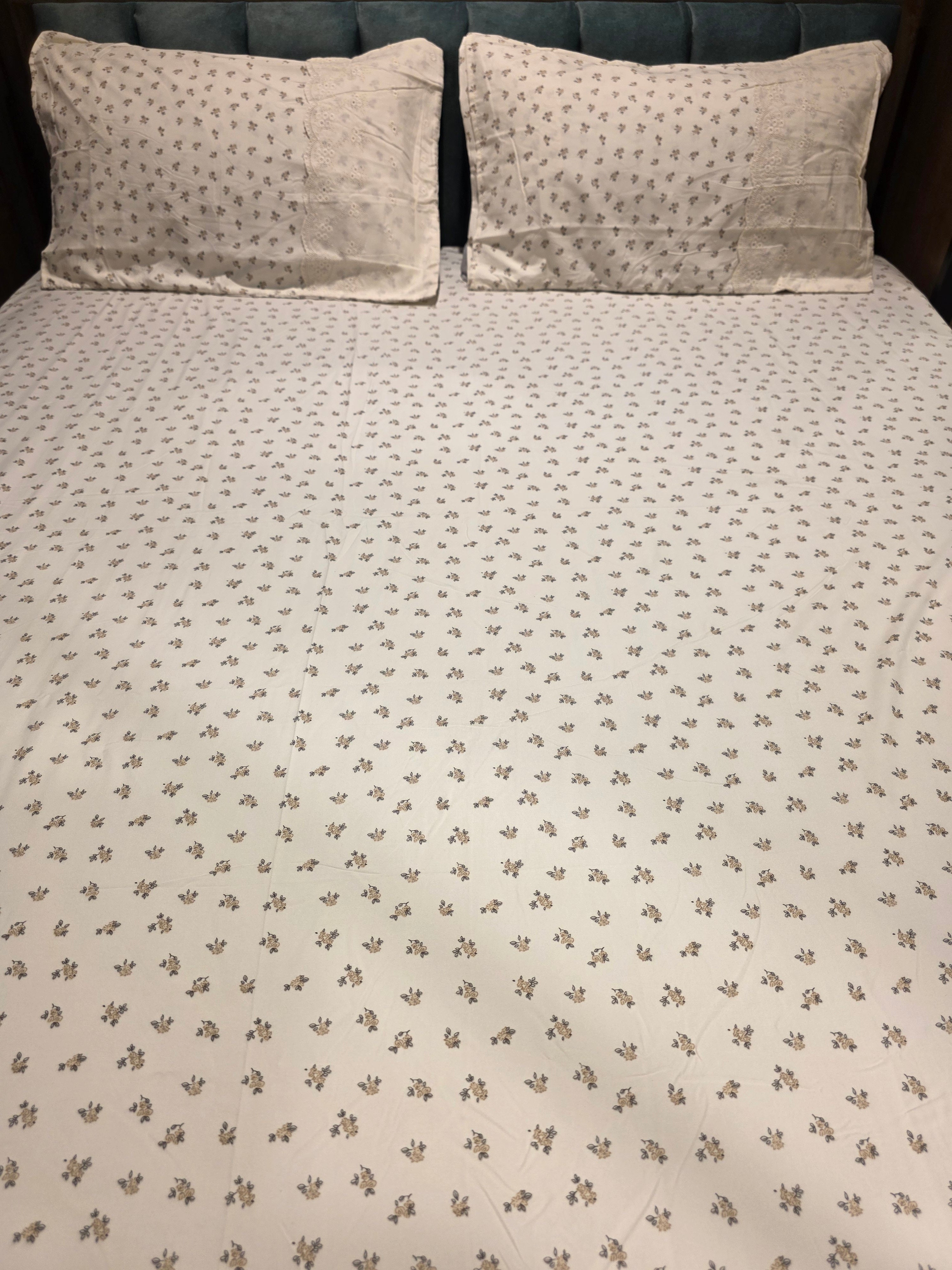 English Print Cotton Bedsheet Set with Hakoba Lace – King Size