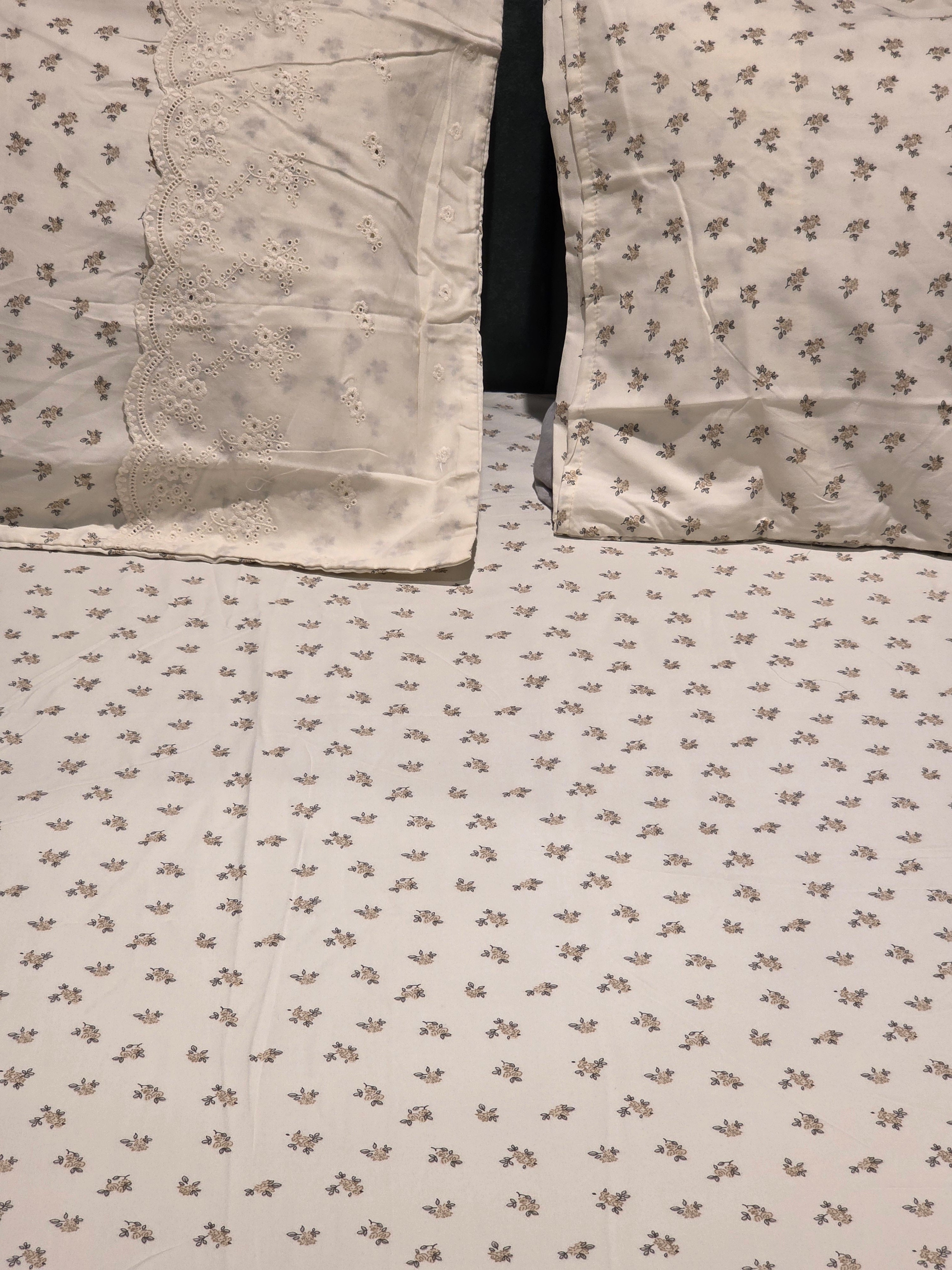 English Print Cotton Bedsheet Set with Hakoba Lace – King Size