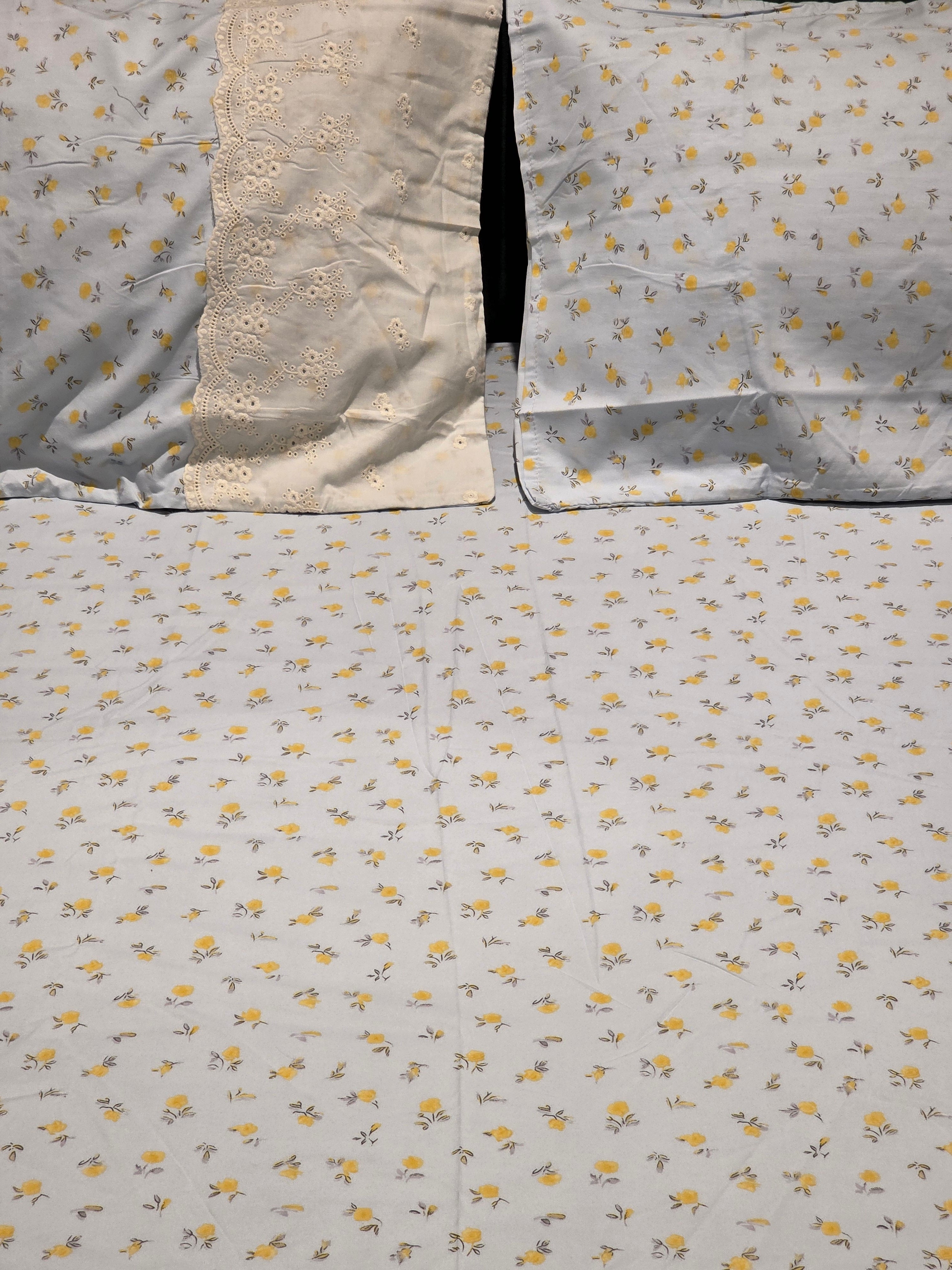 English Print Cotton Bedsheet Set with Hakoba Lace – King Size