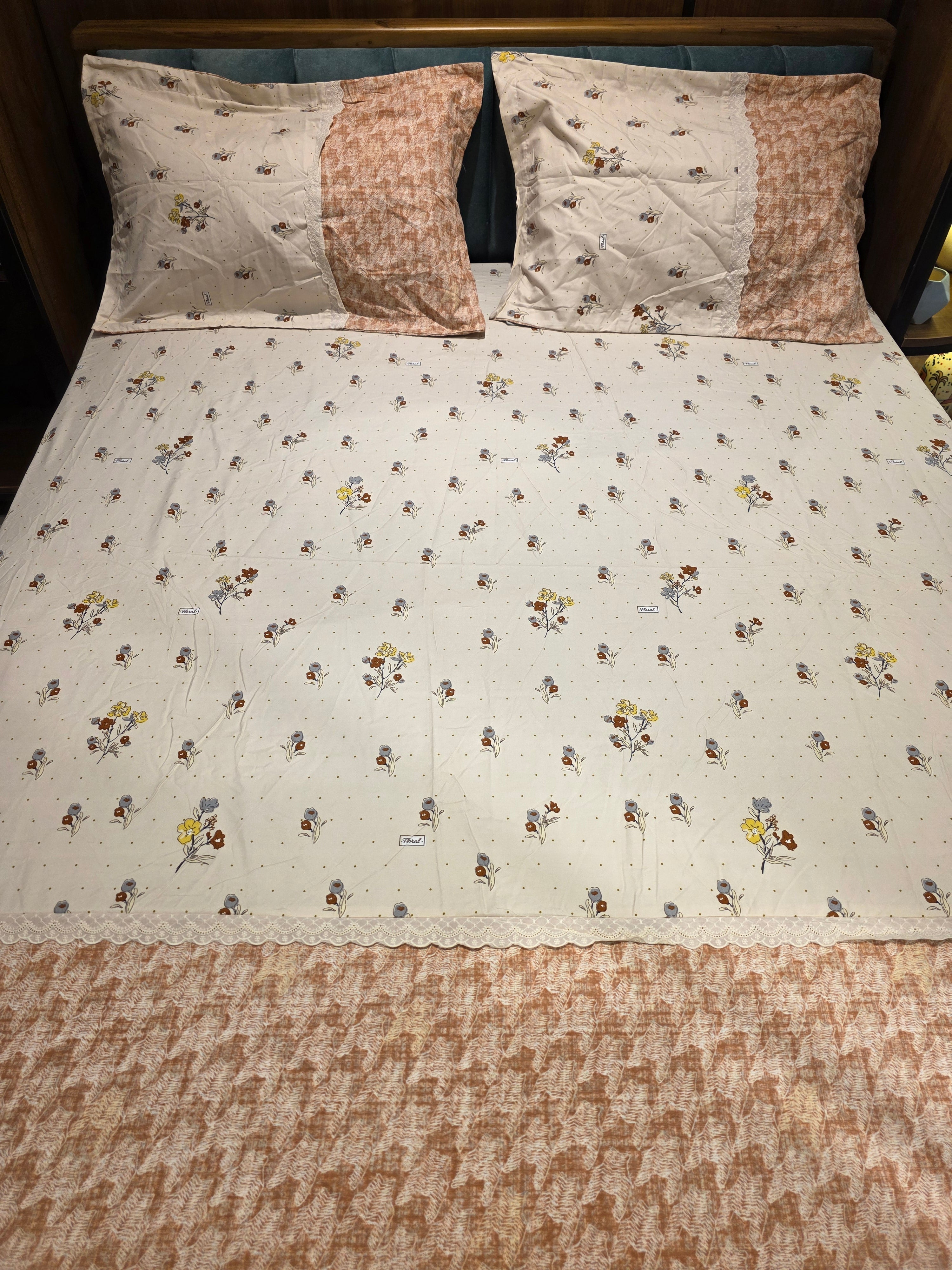 King Size Cotton Bedsheet Set with Hakoba Lace