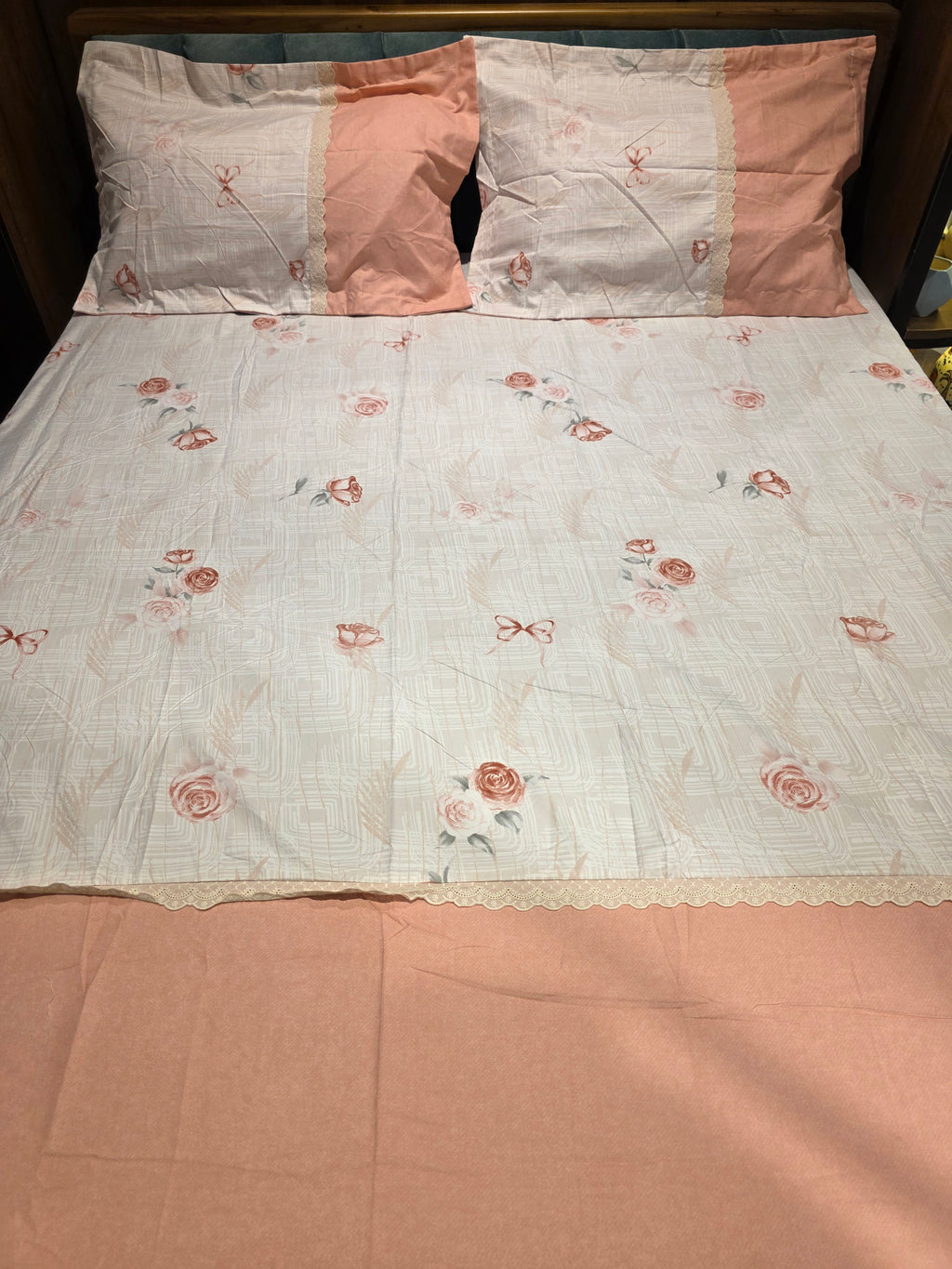 King Size Cotton Bedsheet Set with Hakoba Lace