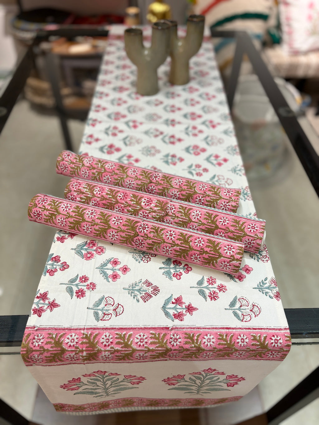 Hand Block Print Table Runner and 6-Piece Mat Set