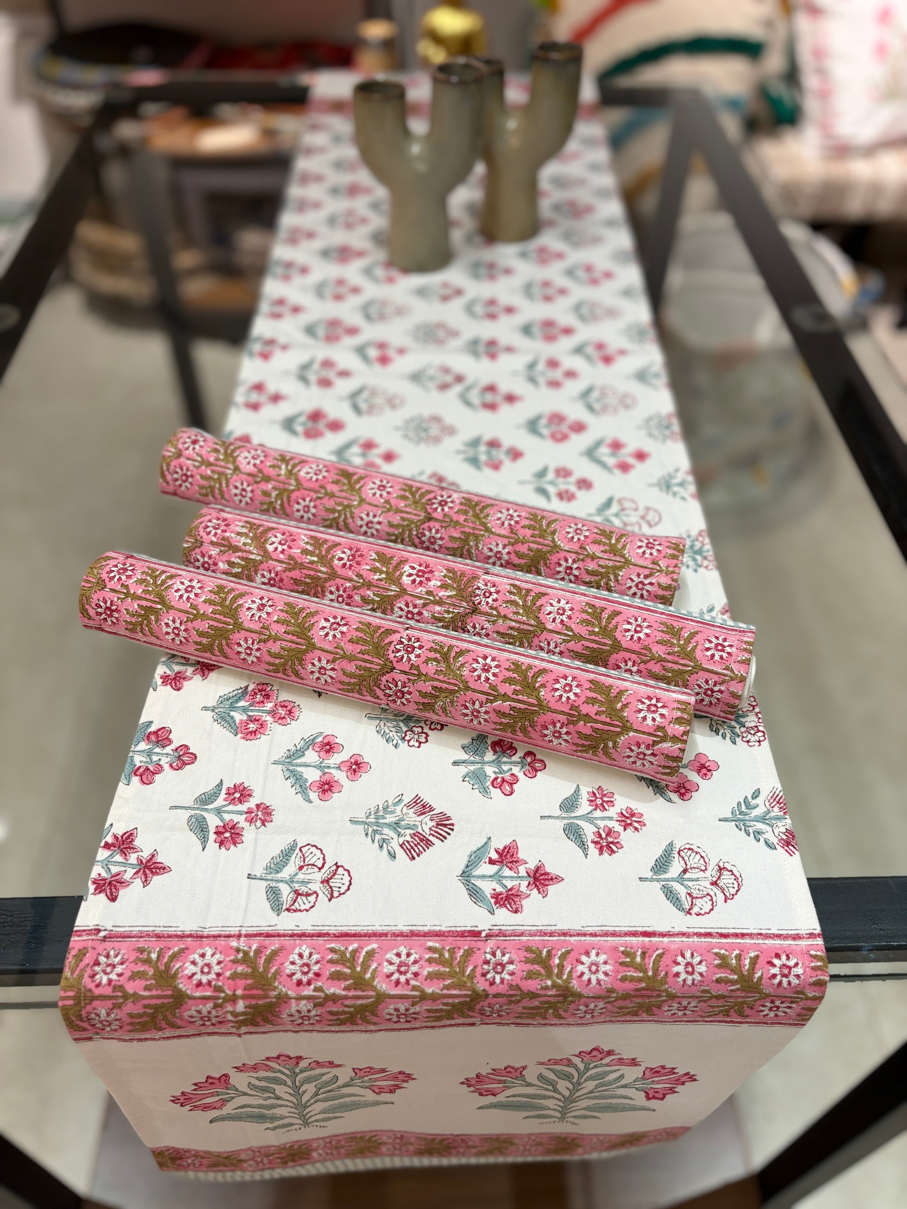Hand Block Print Table Runner and 6-Piece Mat Set