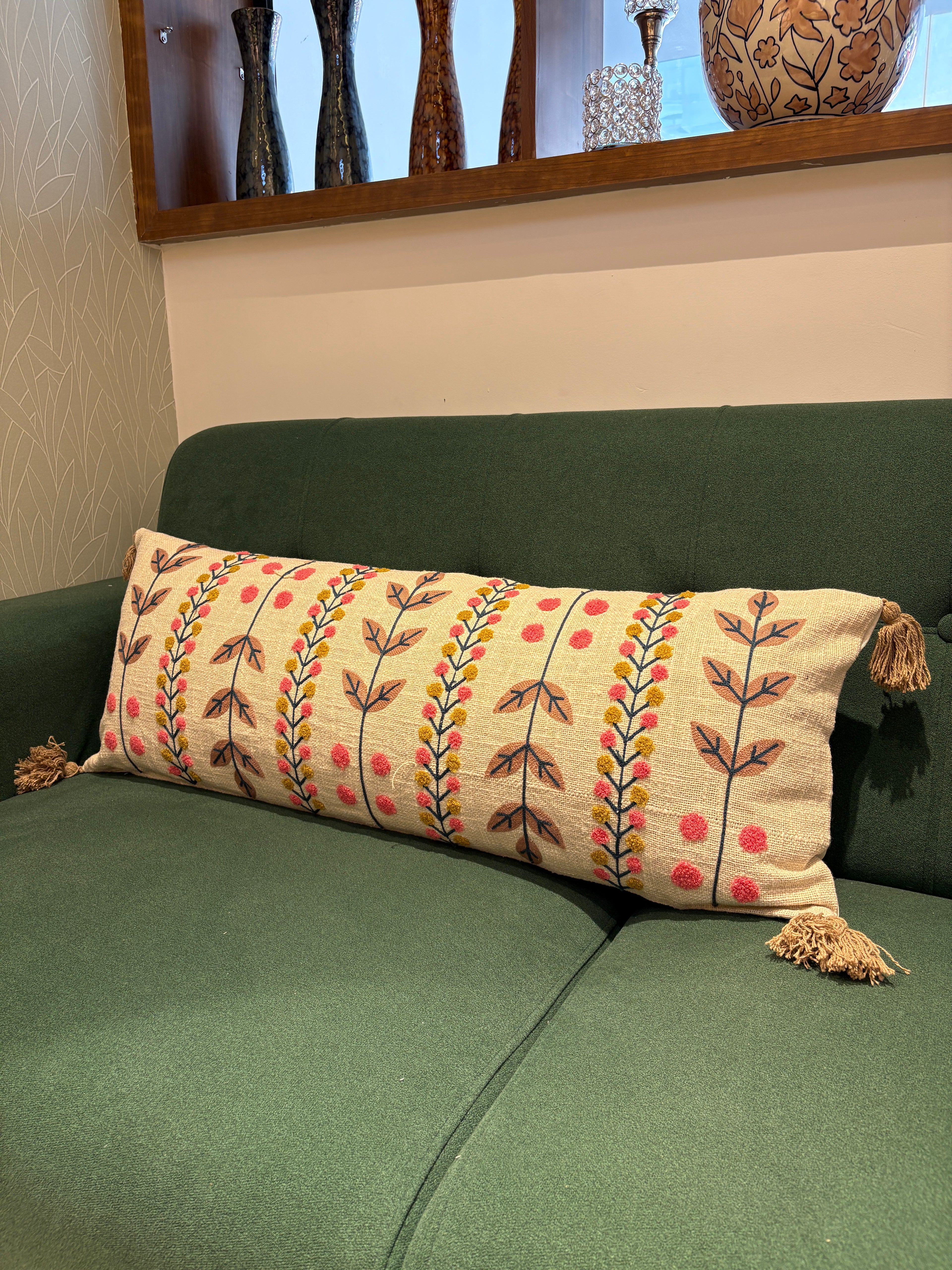 Embroidered Jute Lumbar Cushion Cover – 14 x 36 inches