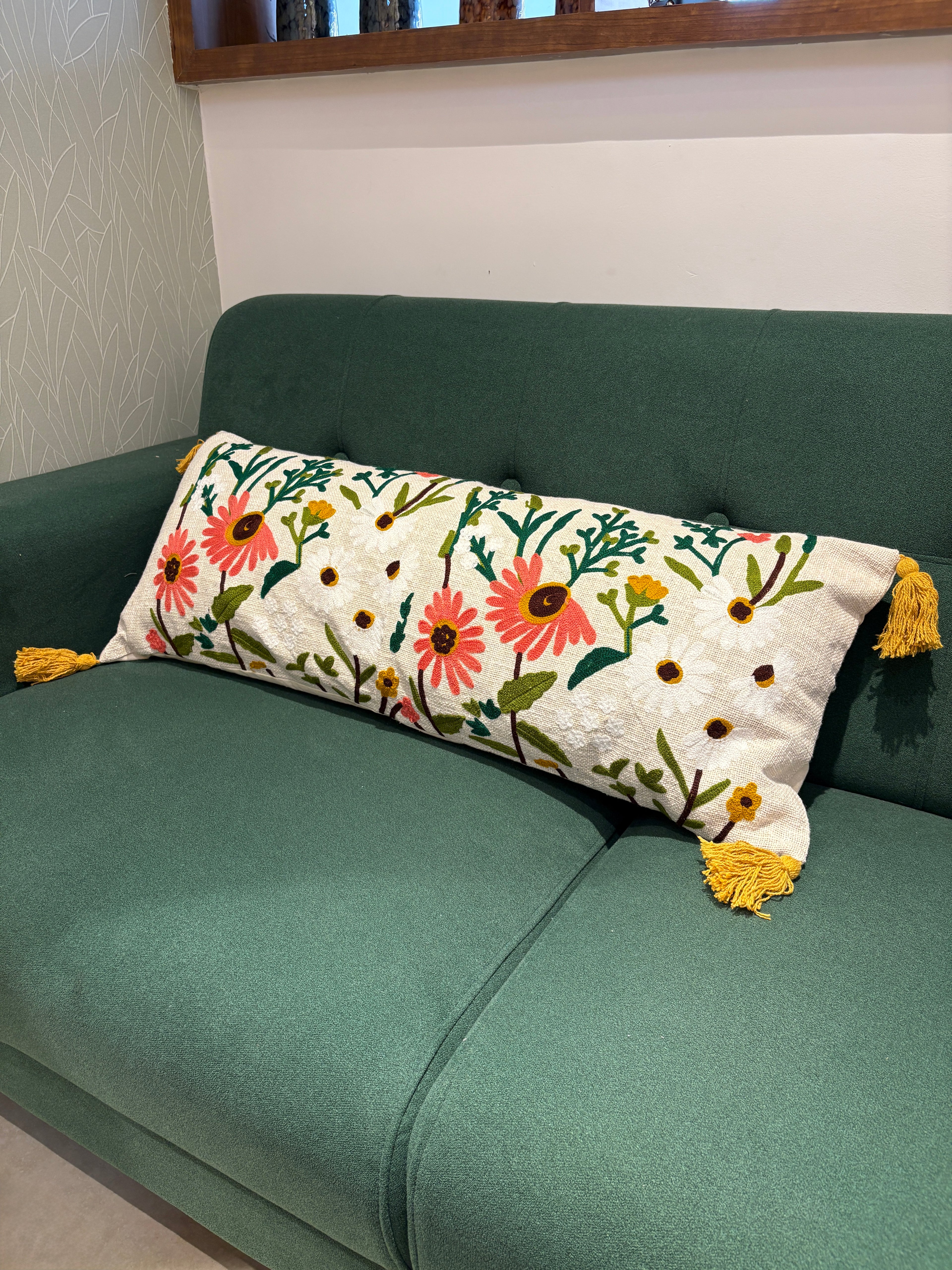 Embroidered Jute Lumbar Cushion Cover – 14 x 36 inches