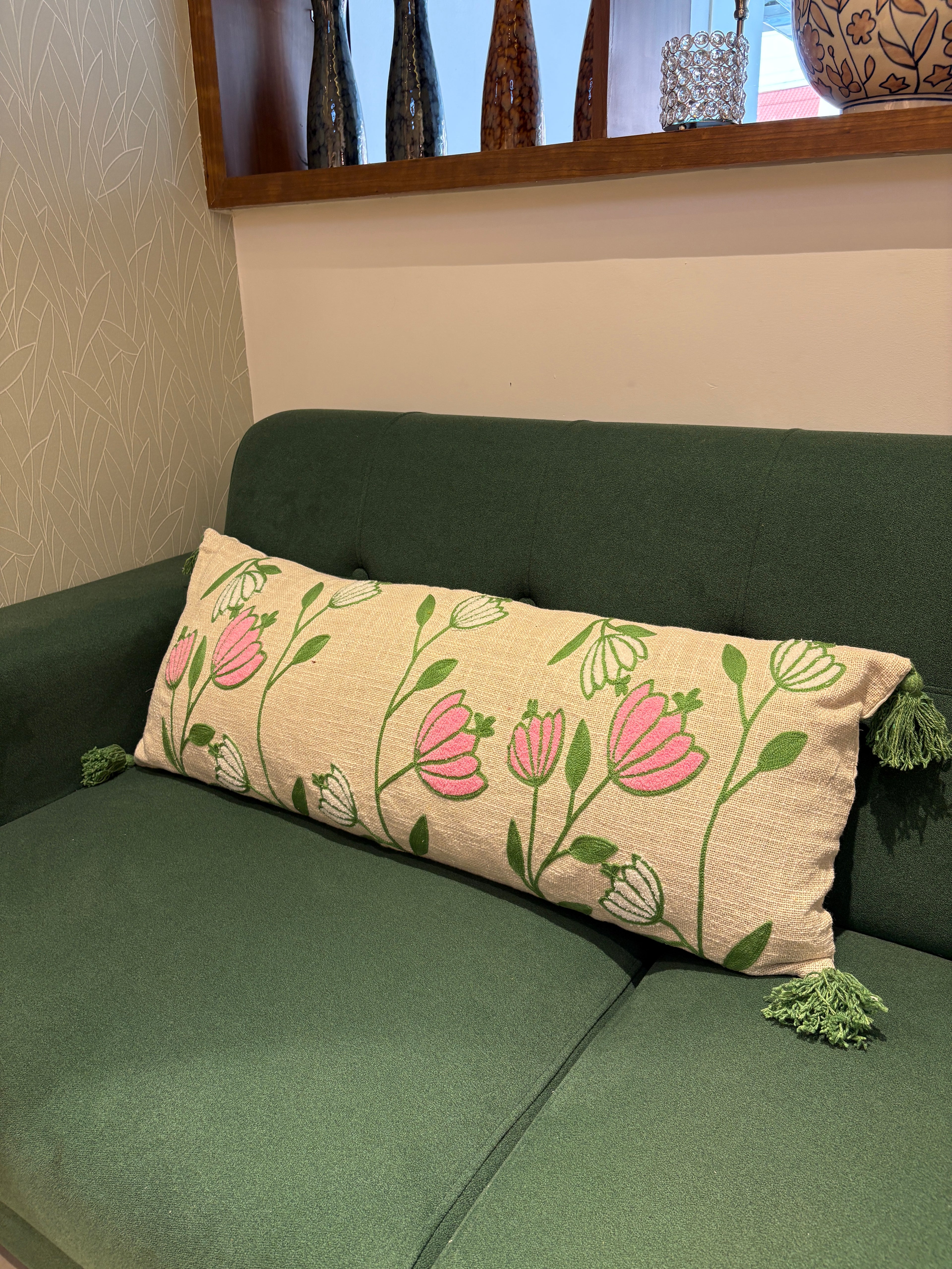 Embroidered Jute Lumbar Cushion Cover – 14 x 36 inches